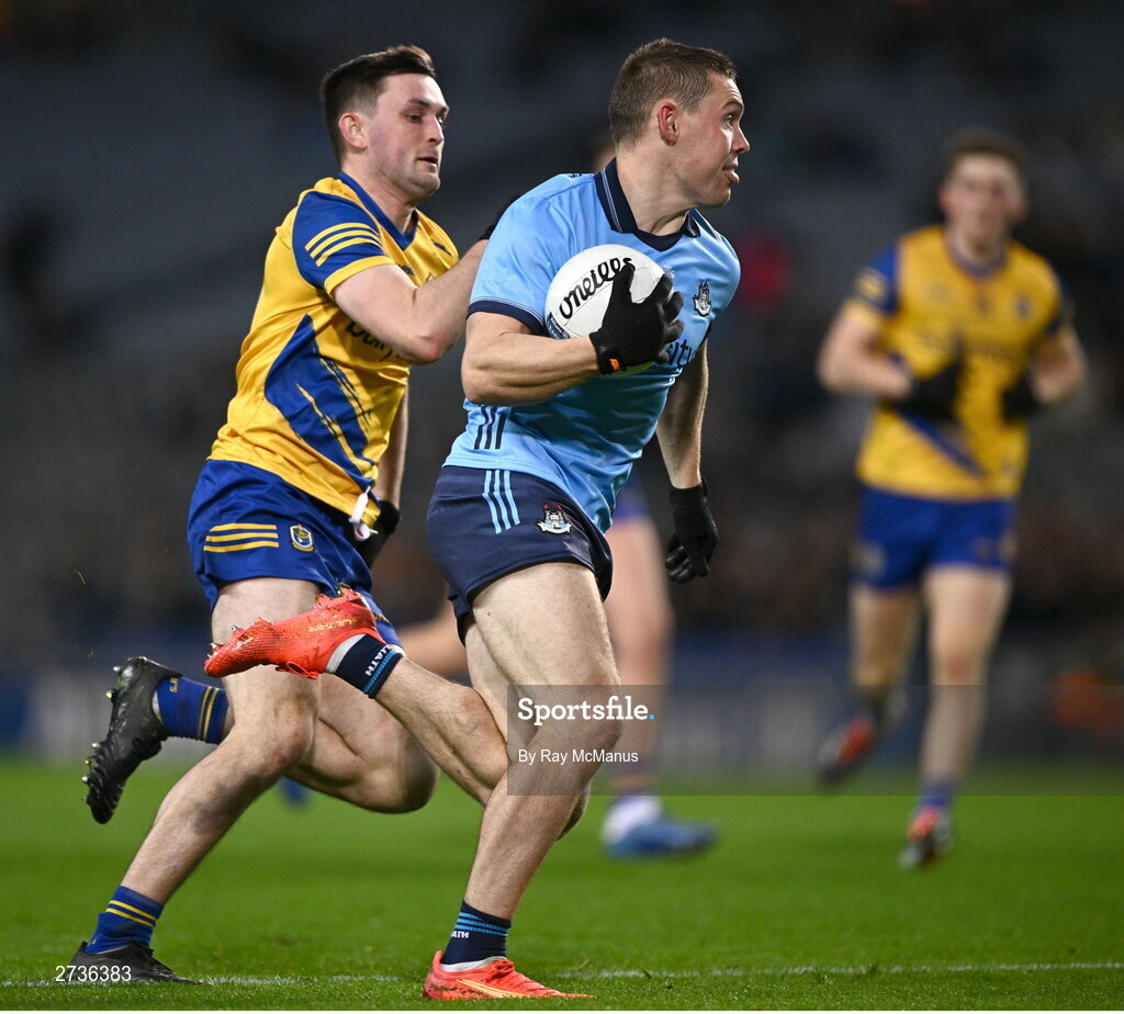 17 February 2024; Con O'Callaghan of Dublin in action against Brian Stack of Roscommon during the Allianz Football League Division 1 match between Dublin and Roscommon at Croke Park in Dublin. Photo by Ray McManus/Sportsfile