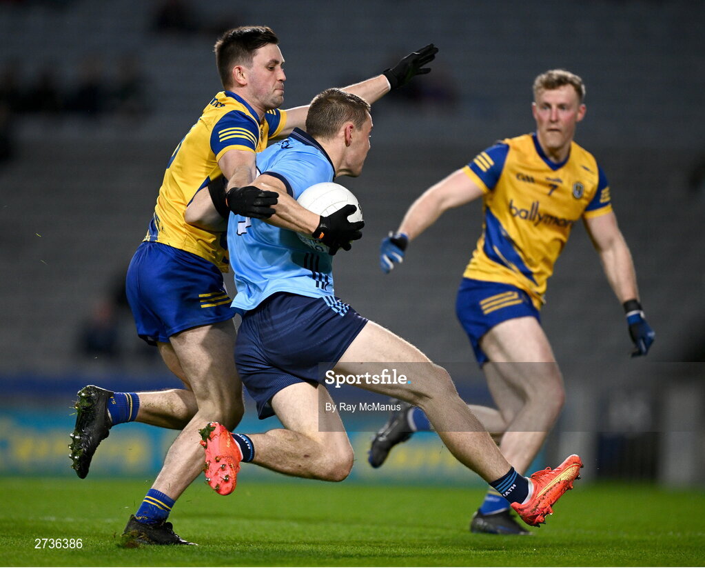 17 February 2024; Con O'Callaghan of Dublin is tackled by Brian Stack of Roscommon during the Allianz Football League Division 1 match between Dublin and Roscommon at Croke Park in Dublin. Photo by Ray McManus/Sportsfile