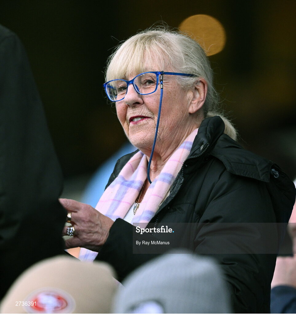 17 February 2024; Mary McGoff, wife of the late Dublin selector Shane O'Hanlon, before the Allianz Football League Division 1 match between Dublin and Roscommon at Croke Park in Dublin. Photo by Ray McManus/Sportsfile