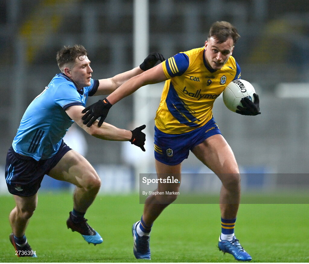 17 February 2024; Enda Smith of Roscommon in action against John Small of Dublin during the Allianz Football League Division 1 match between Dublin and Roscommon at Croke Park in Dublin. Photo by Stephen Marken/Sportsfile