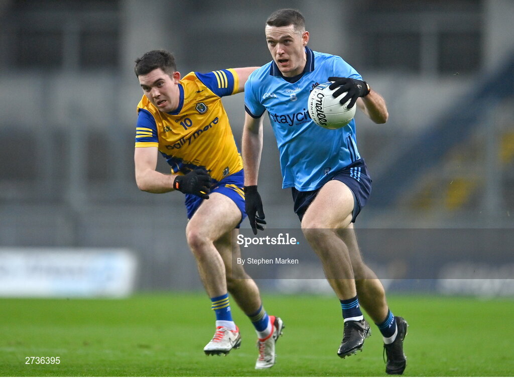 17 February 2024; Brian Fenton of Dublin in action against Ruiadhrí Fallon of Roscommon during the Allianz Football League Division 1 match between Dublin and Roscommon at Croke Park in Dublin. Photo by Stephen Marken/Sportsfile