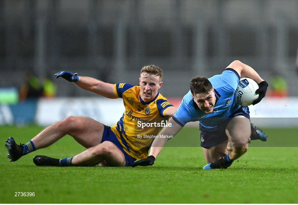 17 February 2024; John Small of Dublin in action against Eoin McCormack of Roscommon during the Allianz Football League Division 1 match between Dublin and Roscommon at Croke Park in Dublin. Photo by Stephen Marken/Sportsfile