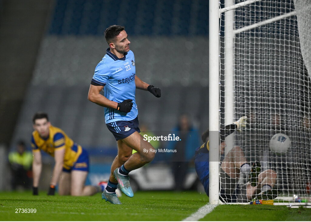 17 February 2024; Niall Scully of Dublin turns to celebrate his 55th minute goal during the Allianz Football League Division 1 match between Dublin and Roscommon at Croke Park in Dublin. Photo by Ray McManus/Sportsfile