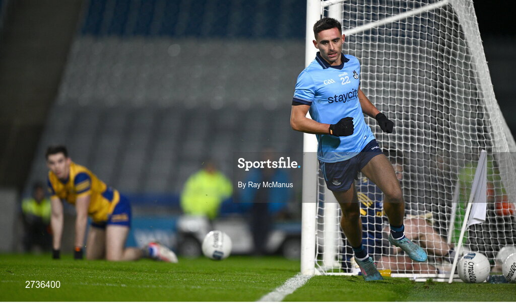 17 February 2024; Niall Scully of Dublin turns to celebrate his 55th minute goal during the Allianz Football League Division 1 match between Dublin and Roscommon at Croke Park in Dublin. Photo by Ray McManus/Sportsfile
