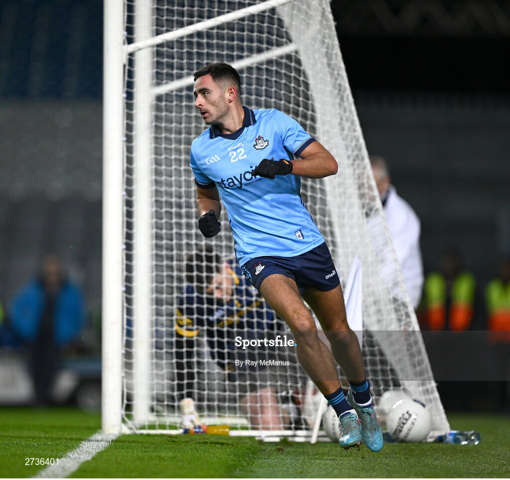 17 February 2024; Niall Scully of Dublin turns to celebrate his 55th minute goal during the Allianz Football League Division 1 match between Dublin and Roscommon at Croke Park in Dublin. Photo by Ray McManus/Sportsfile