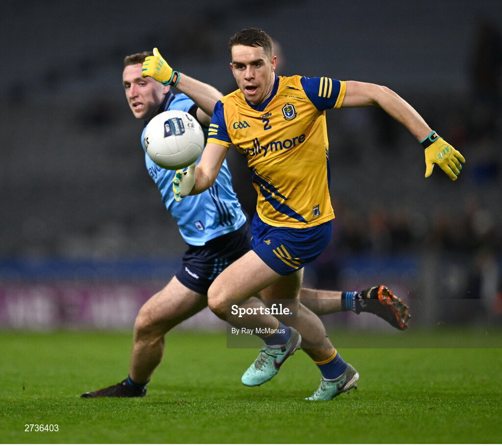 17 February 2024; David Murray of Roscommon is tackled by Paddy Small of Dublin during the Allianz Football League Division 1 match between Dublin and Roscommon at Croke Park in Dublin. Photo by Ray McManus/Sportsfile