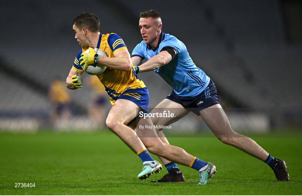 17 February 2024; David Murray of Roscommon is tackled by Paddy Small of Dublin during the Allianz Football League Division 1 match between Dublin and Roscommon at Croke Park in Dublin. Photo by Ray McManus/Sportsfile