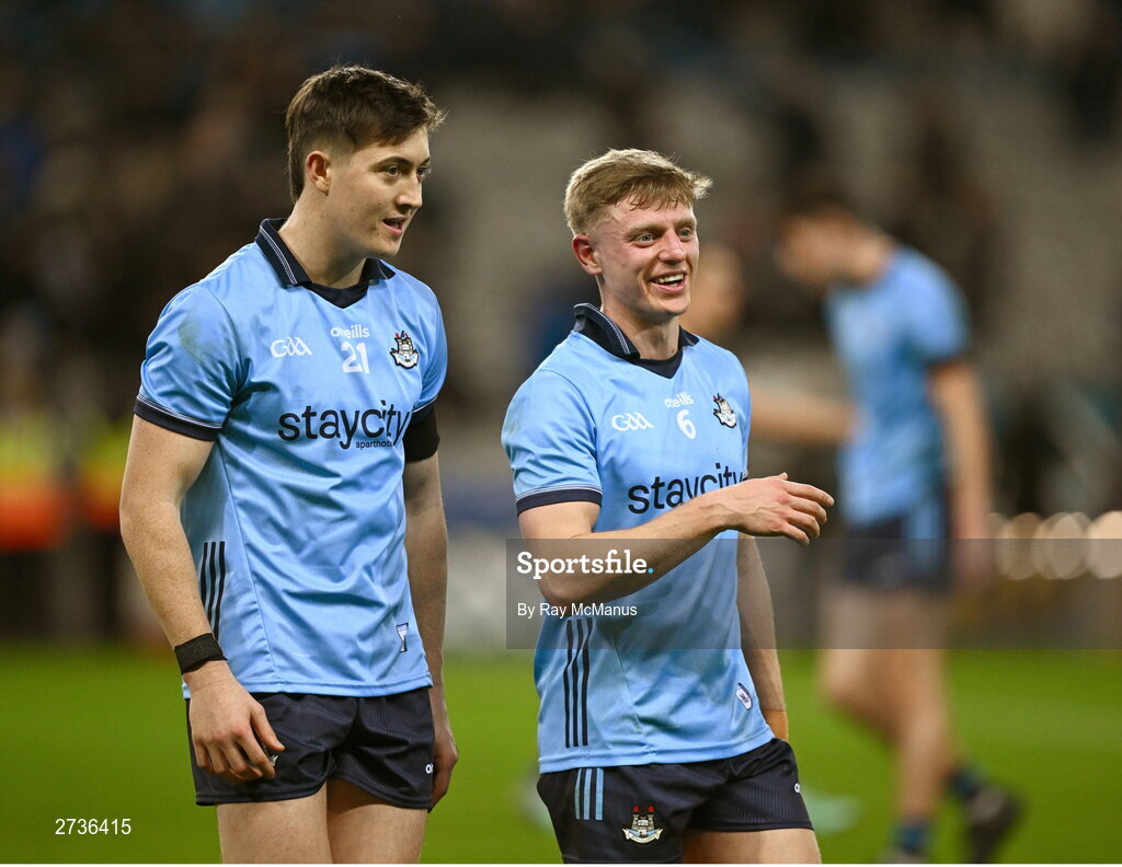 17 February 2024; Killian McGinnis, left, and Cian Murphy of Dublin after the Allianz Football League Division 1 match between Dublin and Roscommon at Croke Park in Dublin. Photo by Ray McManus/Sportsfile
