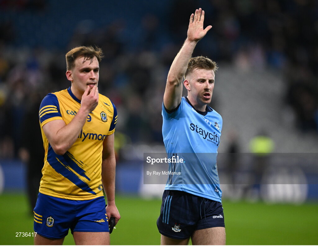 17 February 2024; Enda Smith of Roscommon and Seán Bugler of Dublin after the Allianz Football League Division 1 match between Dublin and Roscommon at Croke Park in Dublin. Photo by Ray McManus/Sportsfile
