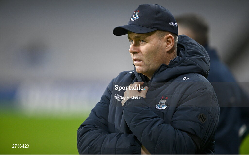 17 February 2024; Dublin manager Dessie Farrell near the end of the Allianz Football League Division 1 match between Dublin and Roscommon at Croke Park in Dublin. Photo by Ray McManus/Sportsfile