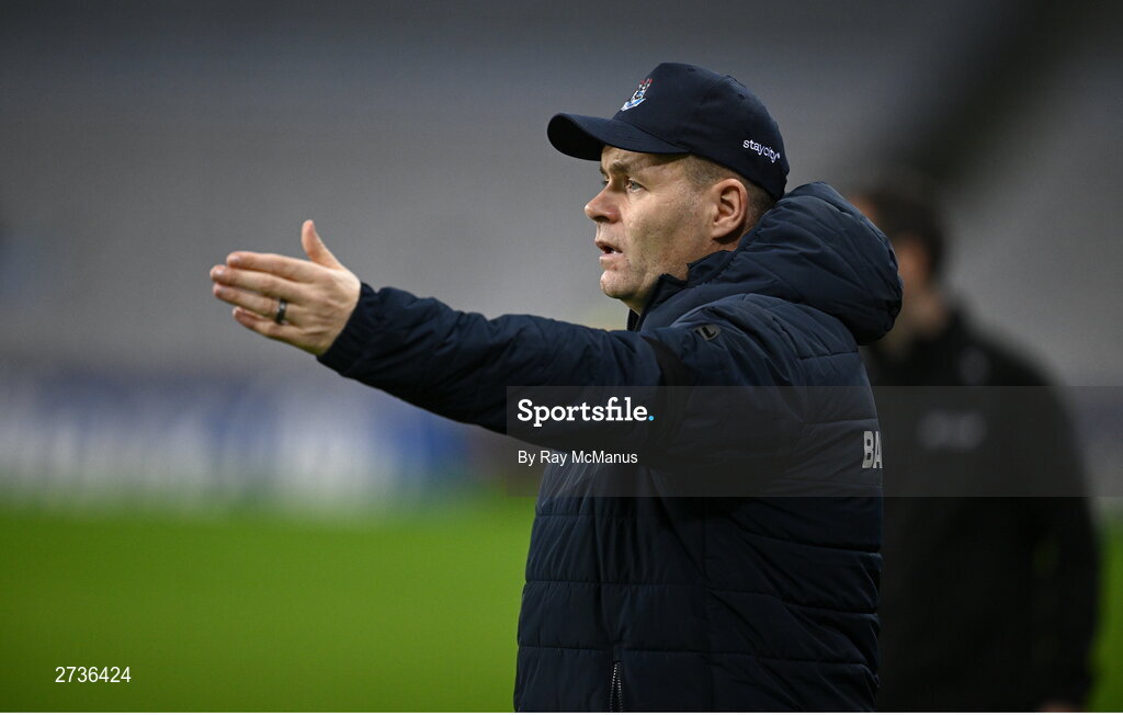 17 February 2024; Dublin manager Dessie Farrell near the end of the Allianz Football League Division 1 match between Dublin and Roscommon at Croke Park in Dublin. Photo by Ray McManus/Sportsfile