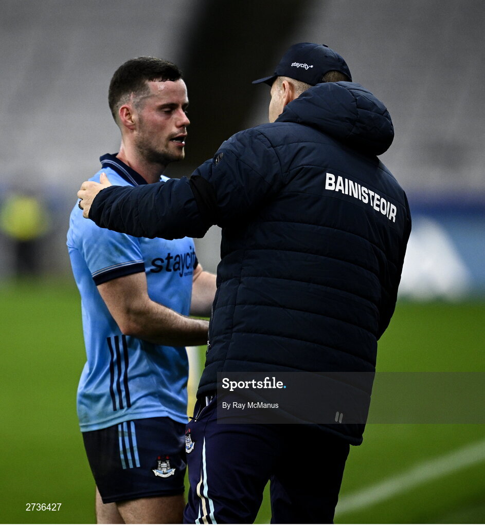 17 February 2024; Dublin manager Dessie Farrell with Ross McGarry of Dublin near the end of the Allianz Football League Division 1 match between Dublin and Roscommon at Croke Park in Dublin. Photo by Ray McManus/Sportsfile
