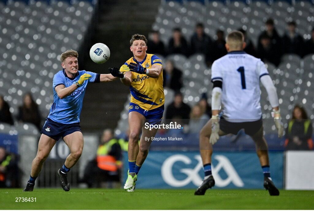 17 February 2024; Conor Cox of Roscommon in action against Cian Murphy of Dublin during the Allianz Football League Division 1 match between Dublin and Roscommon at Croke Park in Dublin. Photo by Stephen Marken/Sportsfile