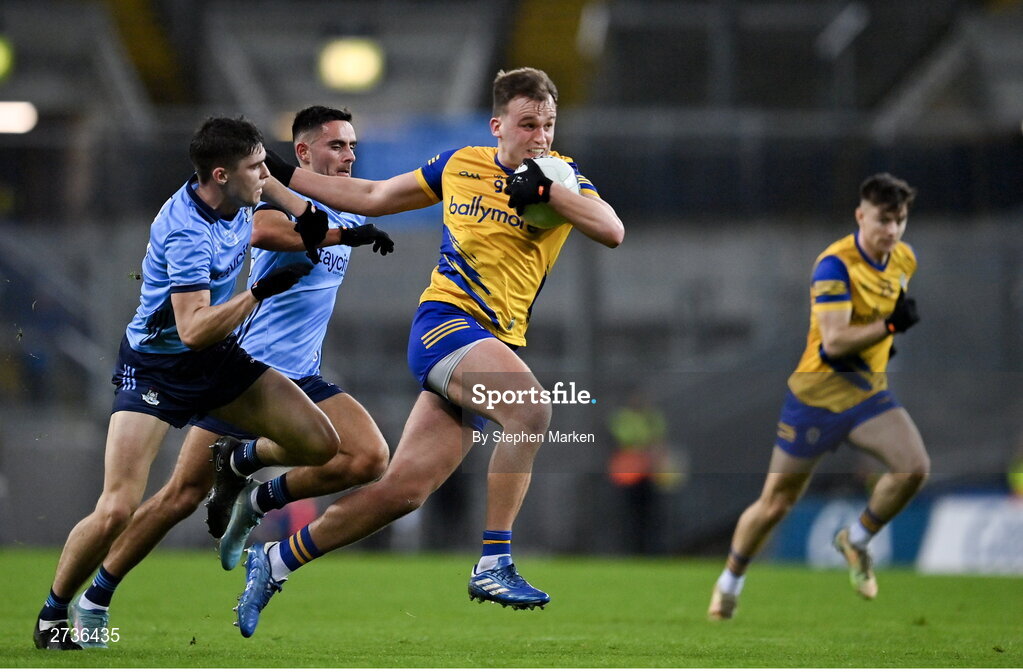 17 February 2024; Enda Smith of Roscommon in action against Theo Clancy of Dublin during the Allianz Football League Division 1 match between Dublin and Roscommon at Croke Park in Dublin. Photo by Stephen Marken/Sportsfile