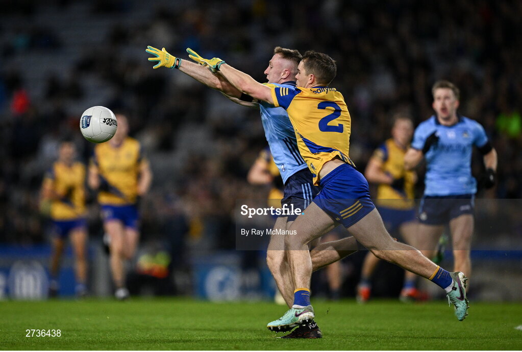 17 February 2024; Paddy Small of Dublin is tackled by David Murray of Roscommon during the Allianz Football League Division 1 match between Dublin and Roscommon at Croke Park in Dublin. Photo by Ray McManus/Sportsfile
