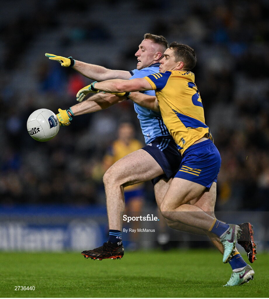 17 February 2024; Paddy Small of Dublin is tackled by David Murray of Roscommon during the Allianz Football League Division 1 match between Dublin and Roscommon at Croke Park in Dublin. Photo by Ray McManus/Sportsfile