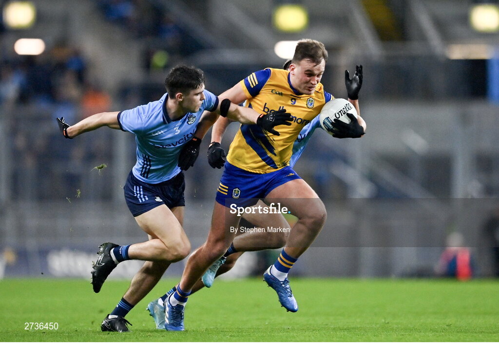 17 February 2024; Enda Smith of Roscommon in action against Theo Clancy of Dublin during the Allianz Football League Division 1 match between Dublin and Roscommon at Croke Park in Dublin. Photo by Stephen Marken/Sportsfile