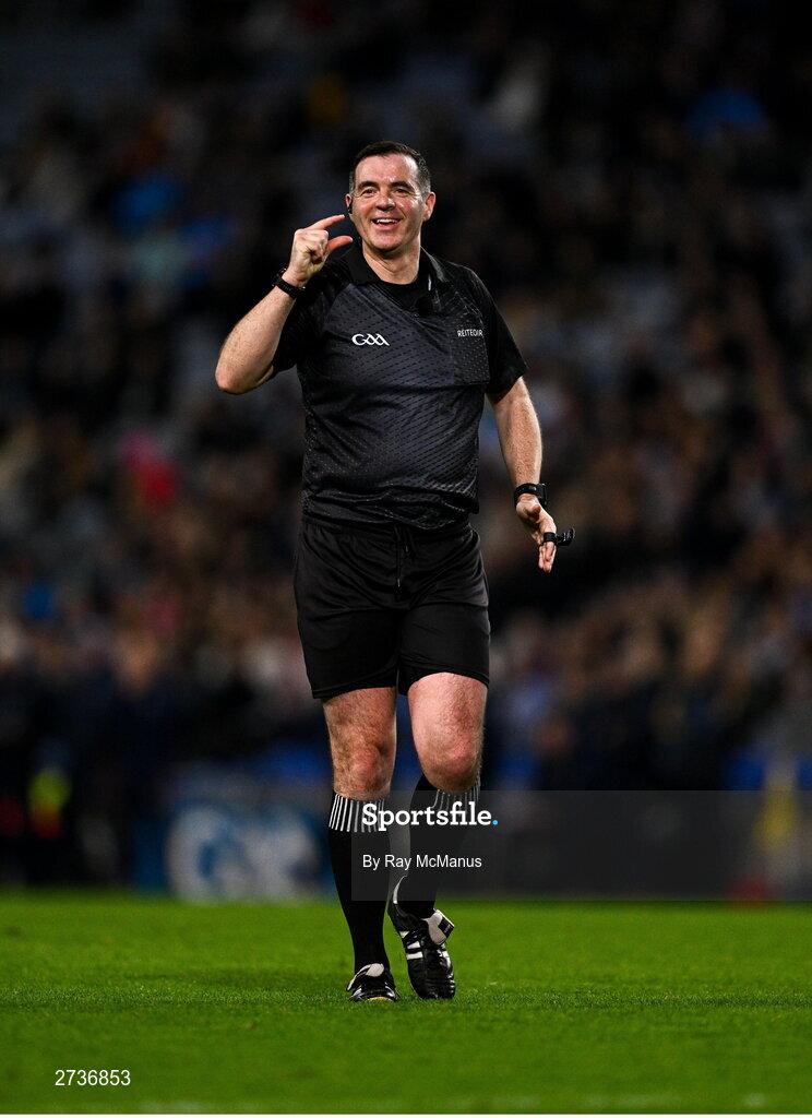 17 February 2024; Referee Seán Hurson during the Allianz Football League Division 1 match between Dublin and Roscommon at Croke Park in Dublin. Photo by Ray McManus/Sportsfile