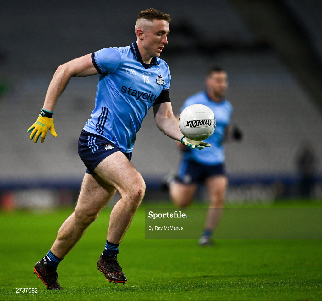 17 February 2024; Paddy Small of Dublin during the Allianz Football League Division 1 match between Dublin and Roscommon at Croke Park in Dublin. Photo by Ray McManus/Sportsfile
