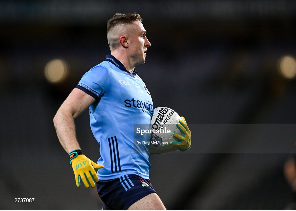 17 February 2024; Paddy Small of Dublin during the Allianz Football League Division 1 match between Dublin and Roscommon at Croke Park in Dublin. Photo by Ray McManus/Sportsfile