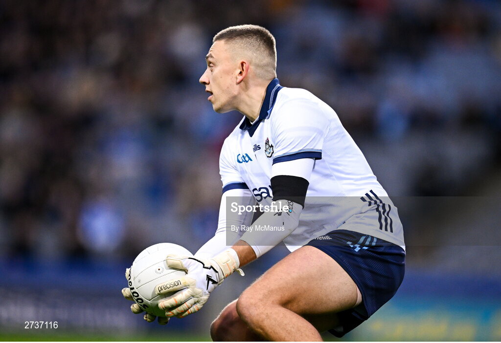 17 February 2024; Dublin goalkeeper David O'Hanlon during the Allianz Football League Division 1 match between Dublin and Roscommon at Croke Park in Dublin. Photo by Ray McManus/Sportsfile