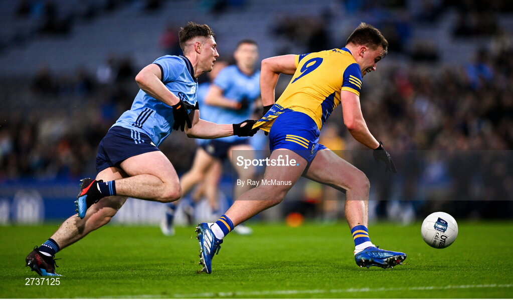 17 February 2024;  Enda Smith  of Roscommon is tackled by John Small of Dublin during the Allianz Football League Division 1 match between Dublin and Roscommon at Croke Park in Dublin. Photo by Ray McManus/Sportsfile
