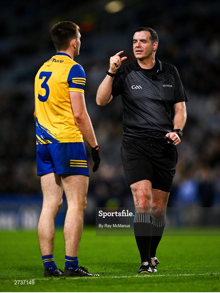 17 February 2024; Referee Seán Hurson talks to Roscommon full back Brian Stack during the Allianz Football League Division 1 match between Dublin and Roscommon at Croke Park in Dublin. Photo by Ray McManus/Sportsfile