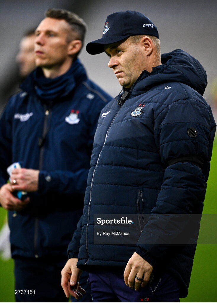 17 February 2024; Dublin manager Dessie Farrell, with Darren Daly, selector,to his right, during the Allianz Football League Division 1 match between Dublin and Roscommon at Croke Park in Dublin. Photo by Ray McManus/Sportsfile