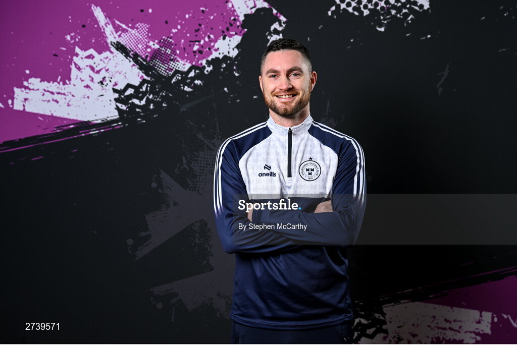 21 February 2024; Manager Eoin Wearen poses for a portrait during a Shelbourne FC squad portraits at Tolka Park in Dublin. Photo by Stephen McCarthy/Sportsfile