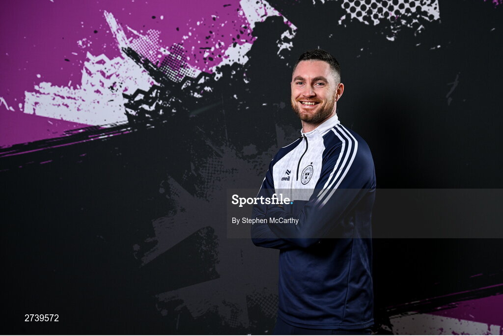 21 February 2024; Manager Eoin Wearen poses for a portrait during a Shelbourne FC squad portraits at Tolka Park in Dublin. Photo by Stephen McCarthy/Sportsfile