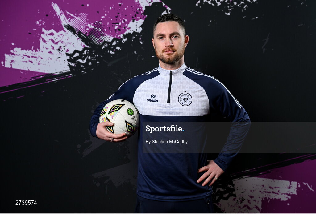 21 February 2024; Manager Eoin Wearen poses for a portrait during a Shelbourne FC squad portraits at Tolka Park in Dublin. Photo by Stephen McCarthy/Sportsfile