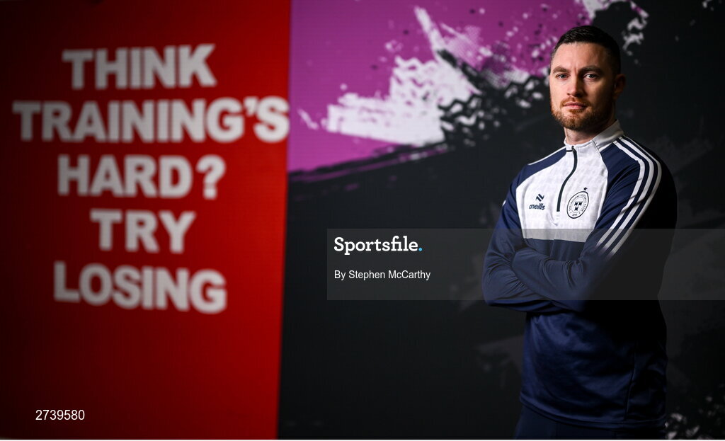 21 February 2024; Manager Eoin Wearen poses for a portrait during a Shelbourne FC squad portraits at Tolka Park in Dublin. Photo by Stephen McCarthy/Sportsfile