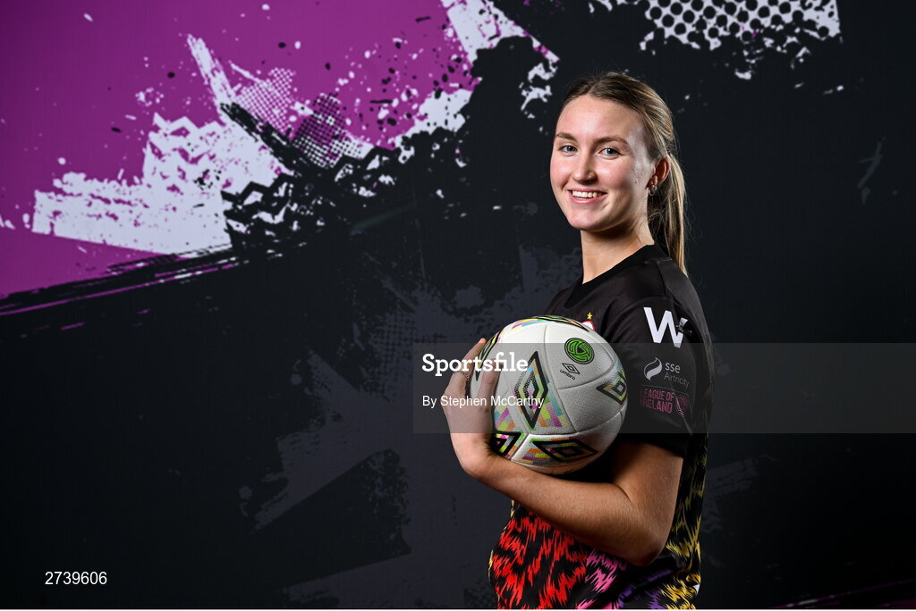 21 February 2024; Goalkeeper Courtney Maguire poses for a portrait during a Shelbourne FC squad portraits at Tolka Park in Dublin. Photo by Stephen McCarthy/Sportsfile