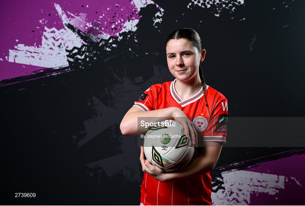 21 February 2024; Leah Riley poses for a portrait during a Shelbourne FC squad portraits at Tolka Park in Dublin. Photo by Stephen McCarthy/Sportsfile