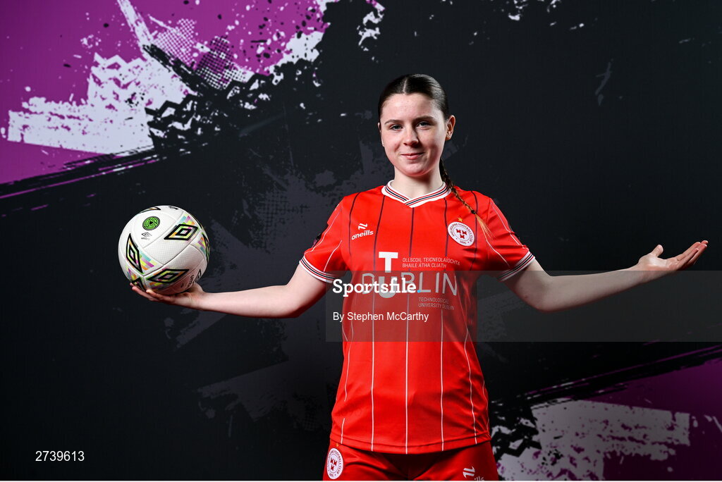 21 February 2024; Leah Riley poses for a portrait during a Shelbourne FC squad portraits at Tolka Park in Dublin. Photo by Stephen McCarthy/Sportsfile
