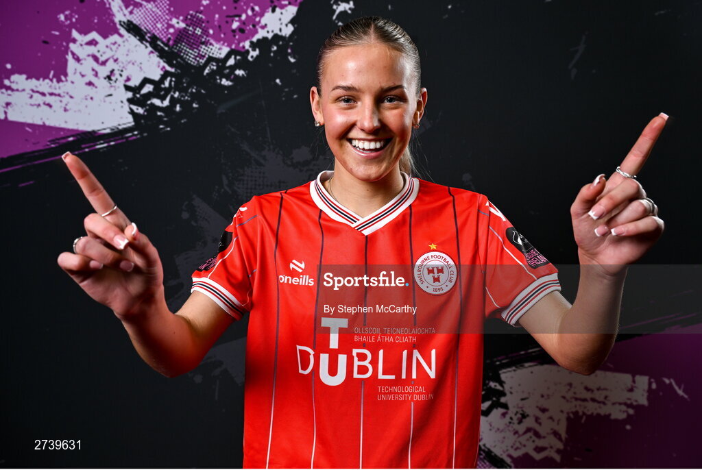21 February 2024; Nia Hannon poses for a portrait during a Shelbourne FC squad portraits at Tolka Park in Dublin. Photo by Stephen McCarthy/Sportsfile