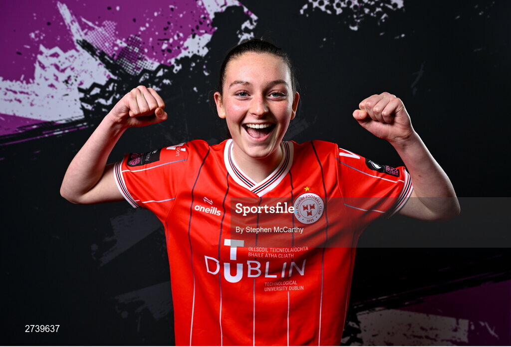 21 February 2024; Hannah Healy poses for a portrait during a Shelbourne FC squad portraits at Tolka Park in Dublin. Photo by Stephen McCarthy/Sportsfile