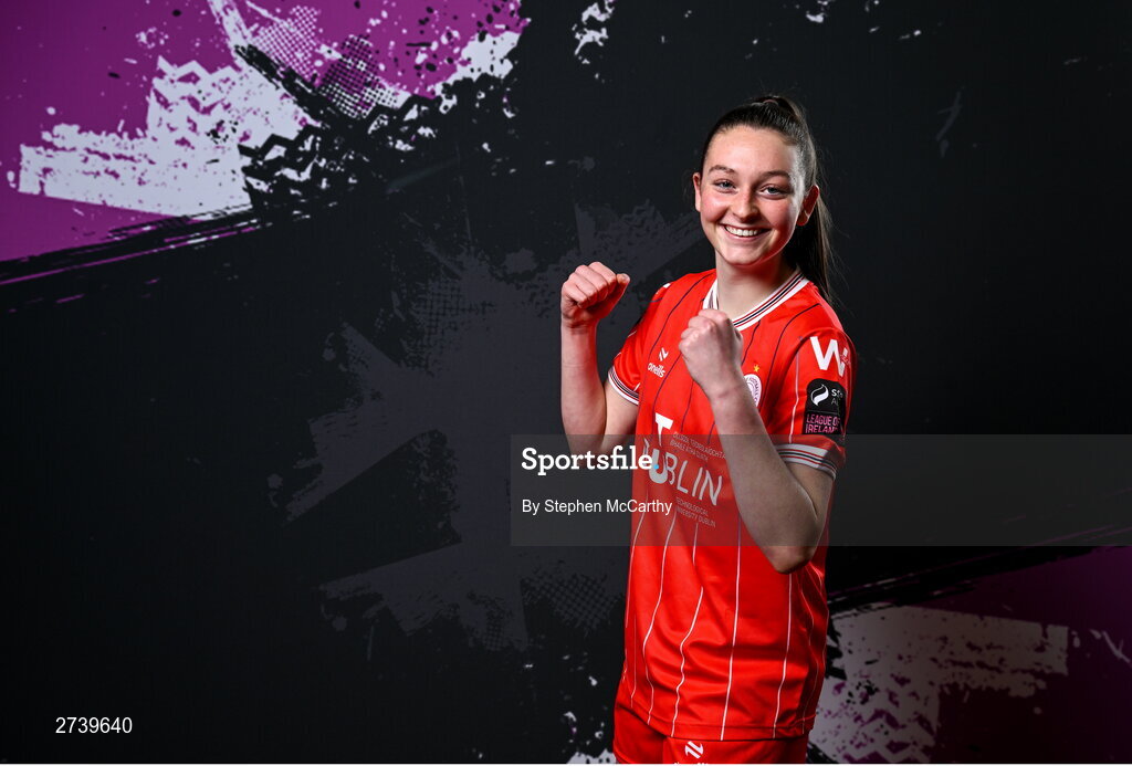 21 February 2024; Hannah Healy poses for a portrait during a Shelbourne FC squad portraits at Tolka Park in Dublin. Photo by Stephen McCarthy/Sportsfile