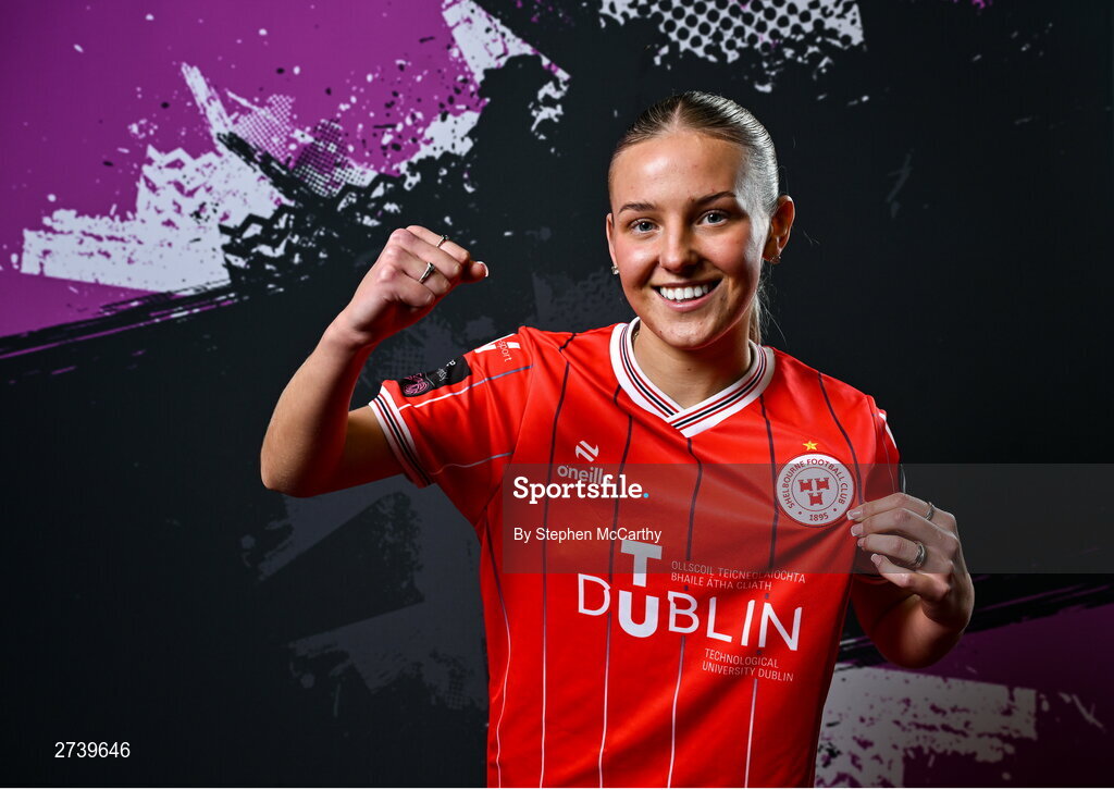 21 February 2024; Nia Hannon poses for a portrait during a Shelbourne FC squad portraits at Tolka Park in Dublin. Photo by Stephen McCarthy/Sportsfile