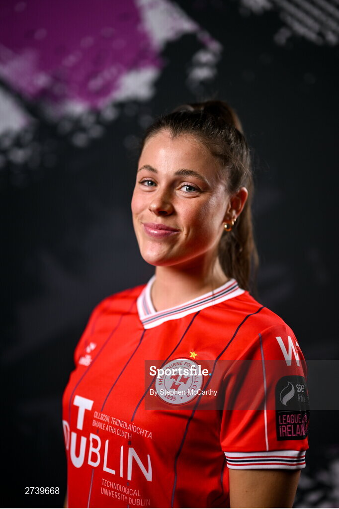 21 February 2024; Christie Gray poses for a portrait during a Shelbourne FC squad portraits at Tolka Park in Dublin. Photo by Stephen McCarthy/Sportsfile