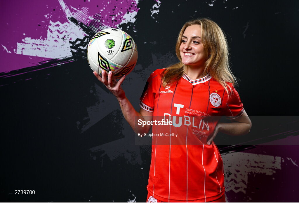 21 February 2024; Maggie Pierce poses for a portrait during a Shelbourne FC squad portraits at Tolka Park in Dublin. Photo by Stephen McCarthy/Sportsfile