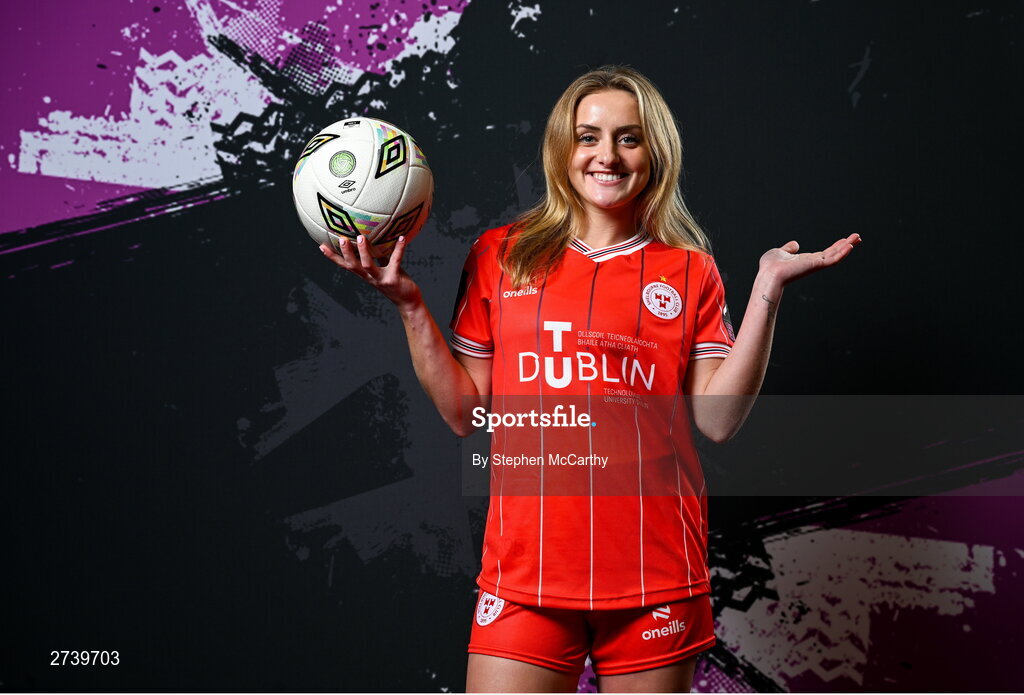 21 February 2024; Maggie Pierce poses for a portrait during a Shelbourne FC squad portraits at Tolka Park in Dublin. Photo by Stephen McCarthy/Sportsfile