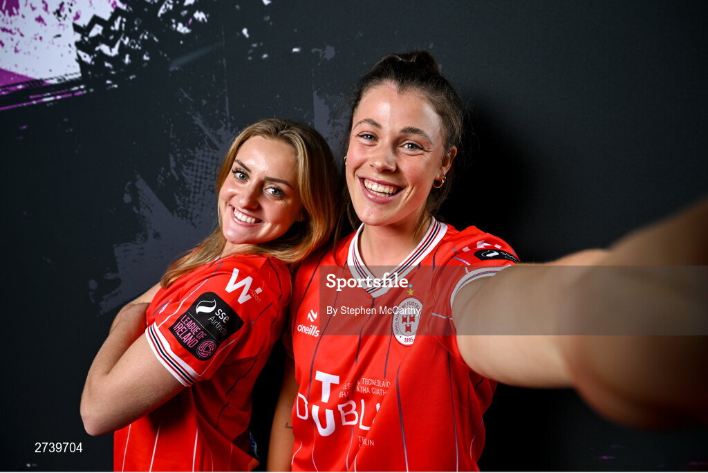 21 February 2024; Maggie Pierce, left, and Christie Gray during a Shelbourne FC squad portraits at Tolka Park in Dublin. Photo by Stephen McCarthy/Sportsfile