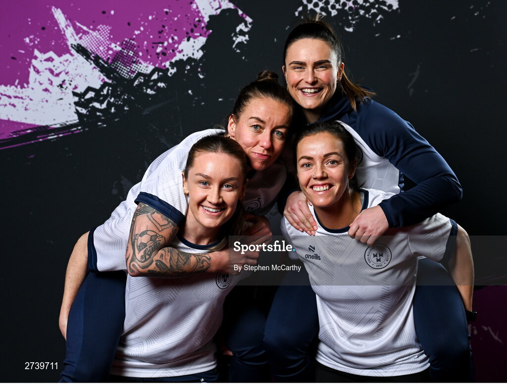 21 February 2024; Players, from left, Rachel Graham, Pearl Slattery, Jemma Quinn and Noelle Murray during a Shelbourne FC squad portraits at Tolka Park in Dublin. Photo by Stephen McCarthy/Sportsfile