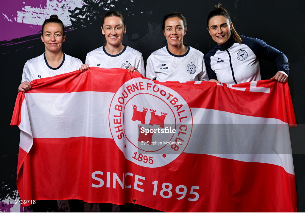 21 February 2024; Players, from left, Pearl Slattery, Rachel Graham, Noelle Murray and Jemma Quinn during a Shelbourne FC squad portraits at Tolka Park in Dublin. Photo by Stephen McCarthy/Sportsfile
