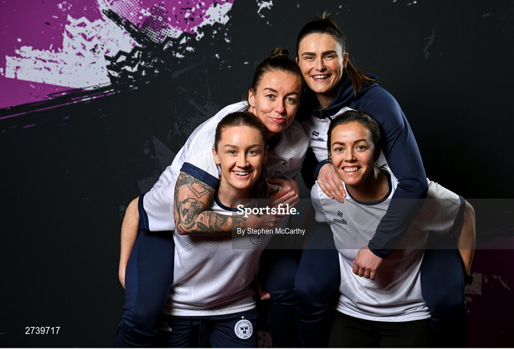 21 February 2024; Players, from left, Rachel Graham, Pearl Slattery, Jemma Quinn and Noelle Murray during a Shelbourne FC squad portraits at Tolka Park in Dublin. Photo by Stephen McCarthy/Sportsfile