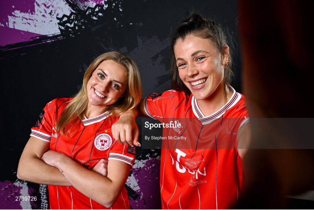 21 February 2024; Maggie Pierce, left, and Christie Gray during a Shelbourne FC squad portraits at Tolka Park in Dublin. Photo by Stephen McCarthy/Sportsfile