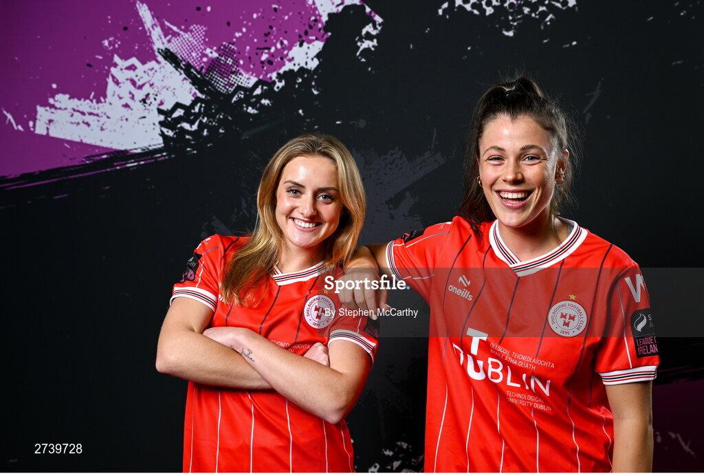 21 February 2024; Maggie Pierce, left, and Christie Gray during a Shelbourne FC squad portraits at Tolka Park in Dublin. Photo by Stephen McCarthy/Sportsfile