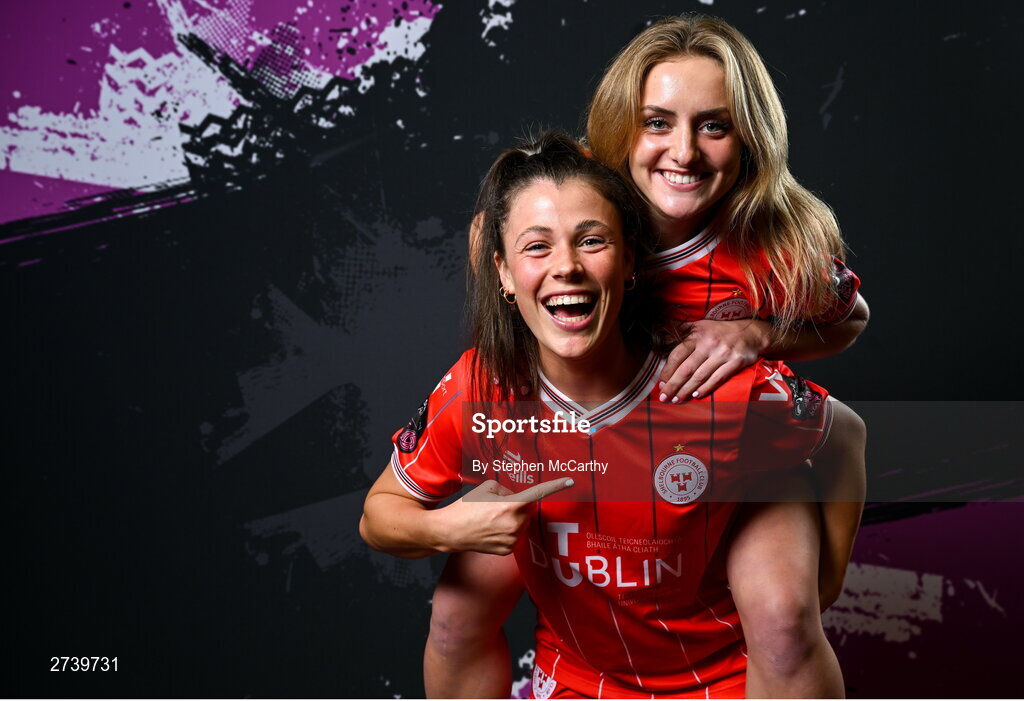 21 February 2024; Christie Gray and Maggie Pierce, right, during a Shelbourne FC squad portraits at Tolka Park in Dublin. Photo by Stephen McCarthy/Sportsfile