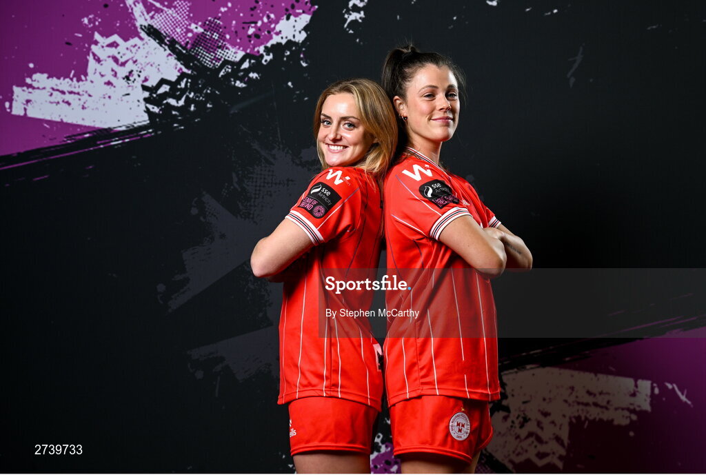 21 February 2024; Maggie Pierce, left, and Christie Gray during a Shelbourne FC squad portraits at Tolka Park in Dublin. Photo by Stephen McCarthy/Sportsfile